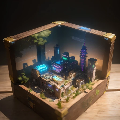 small realistic model, (bifurcation, original photo, best quality, masterpiece:1.4),SteampunkCyberpunk6920 City,(Cyberpunk light:1.3), Mards,horizon (related to land),(in a small nature box:1.3),Isometric, small nature, landscape on foundation,landscape,