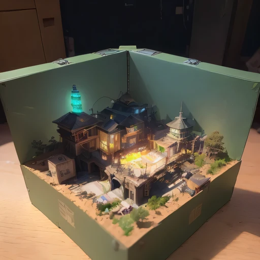 small realistic model, (bifurcation, original photo, best quality, masterpiece:1.4),SteampunkCyberpunk6920 City,(Cyberpunk light:1.3), Mards,horizon (related to land),(in a small nature box:1.3),Isometric, small nature, landscape on foundation,landscape,