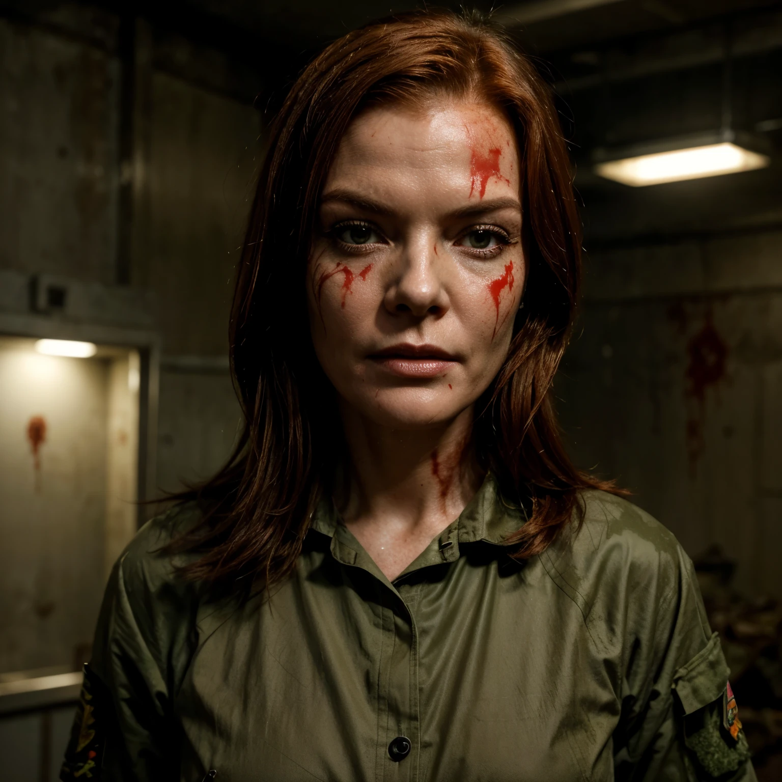 Marcia Cross , in a post apoca zombie world With a lot blood on your face, Dressed as a military, portrait hd