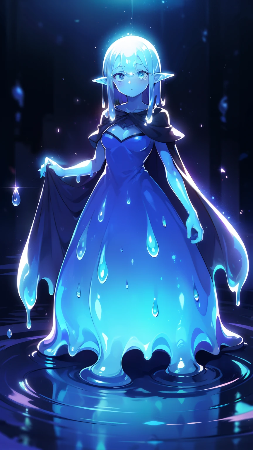 (high-quality, breathtaking),(expressive eyes, perfect face) 1girl, female, solo, adult, medium hair length, slime girl monster, purple skin, blue eyes, shiny body, slime demon, slime skin, dress, cloak,pointy ears, multicolored, water like skin, poison type slime, standing up
