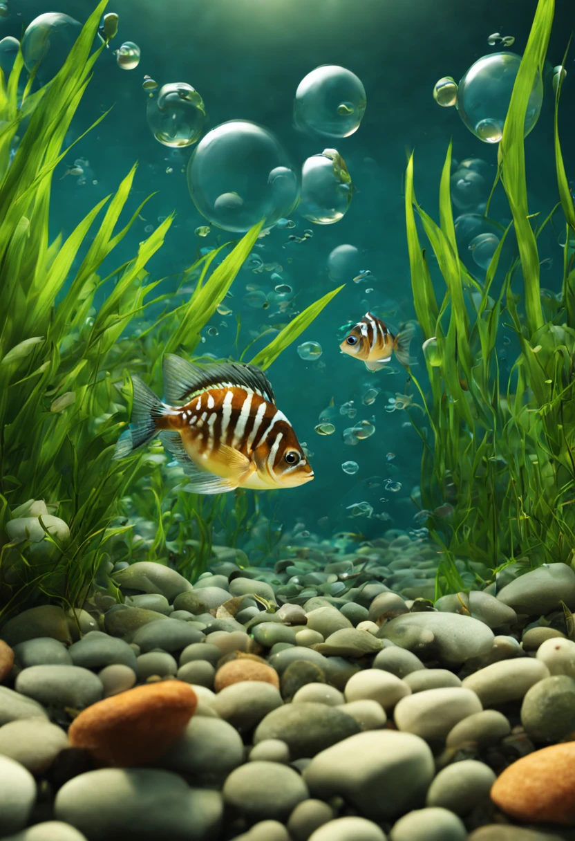 Underwater: stream, small fish, bubbles, pebbles, underwater grass, best images