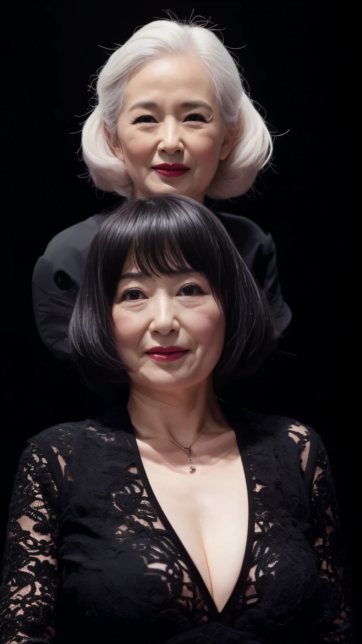 (((pitch black background))):1.3, gravure, describe the lips correctly, red lipstick, The chest is abnormally large, purple latex figure, elderly politician, mature woman, 豊満mature woman, flashy face, highest quality, Super high quality, realistic, super dense skin, perfect description, (日本人mature woman1人), (erotic), 100 years old, big breasts, Bewitching, Glamour, sexy, pure white skin, looking at the viewer,