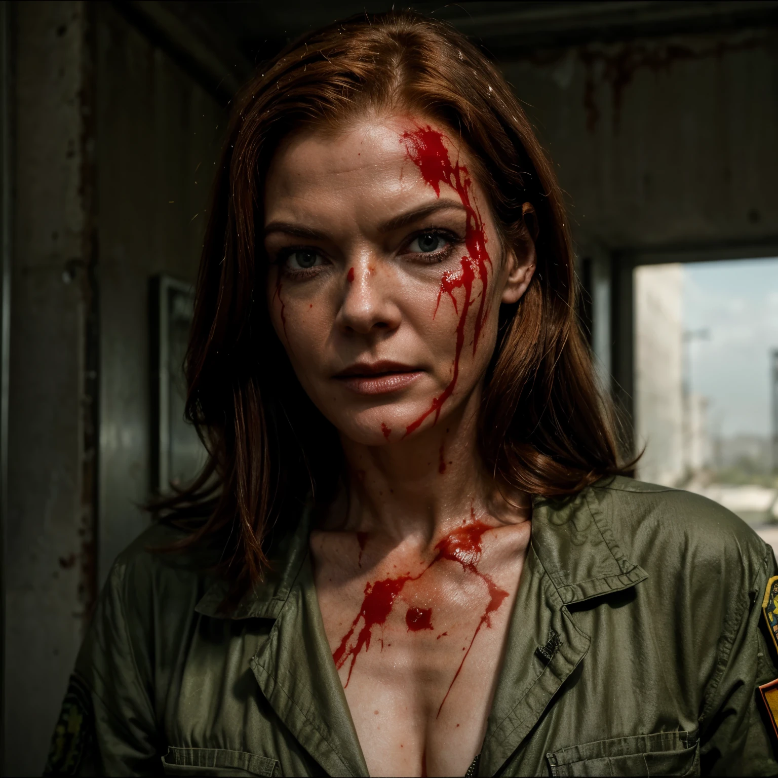 Marcia Cross , in a post apoca zombie world With a lot of blood on his face., Dressed as a military, portrait hd