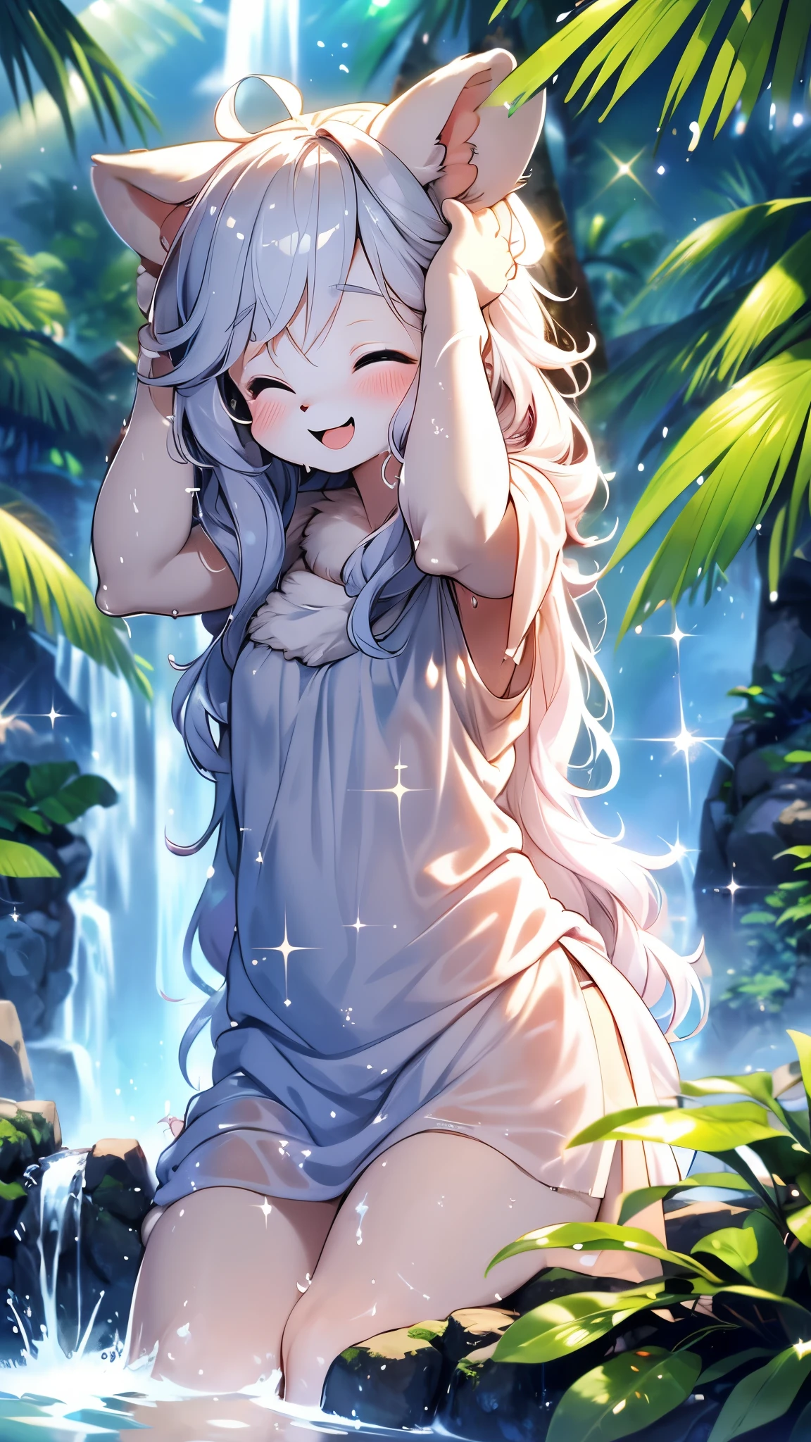 rabbit girl,female furry,mini girl,bathing under waterfall,ultra sparkle water detailed,high resolution,high quality,two eye closed,look up,hands washing head,smile,open mouth,light beam,wet body,wet head,wet face,wet arms,lying in water