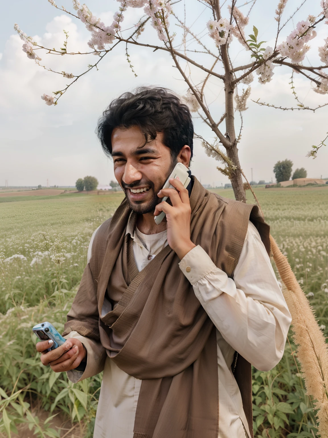arafed man talking on a cell phone in a field, holding a very advance phone, very clear picture, kyza saleem, spring season, candid picture, farmer, khyzyl saleem, cellphone, with a happy expression, profile pic, solo portrait, by Riza Abbasi, candid photograph, album photo