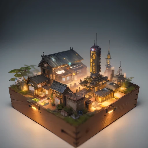 small realistic model, (bifurcation, original photo, best quality, masterpiece:1.4),SteampunkCyberpunk63920 City,(Cyberpunk light:1.3), Mards,horizon (related to land),(in a small nature box:1.3),Isometric, small nature, landscape on foundation,landscape,