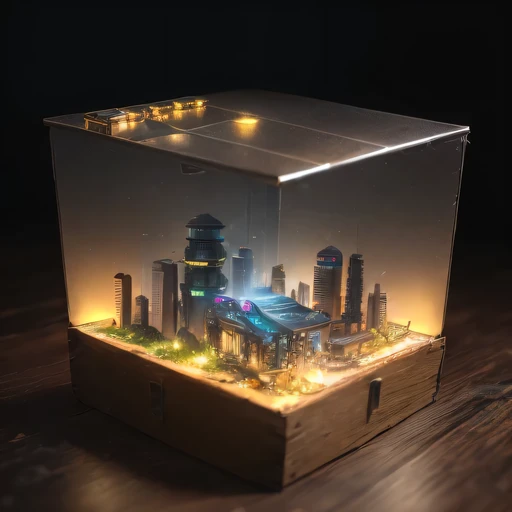 small realistic model, (bifurcation, original photo, best quality, masterpiece:1.4),SteampunkCyberpunk63920 City,(Cyberpunk light:1.3), Mards,horizon (related to land),(in a small nature box:1.3),Isometric, small nature, landscape on foundation,landscape,