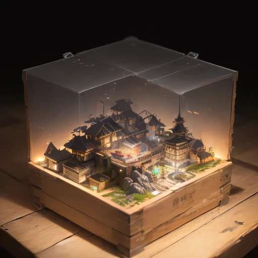 small realistic model, (bifurcation, original photo, best quality, masterpiece:1.4),SteampunkCyberpunk63920 City,(Cyberpunk light:1.3), Mards,horizon (related to land),(in a small nature box:1.3),Isometric, small nature, landscape on foundation,landscape,