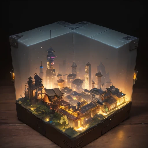 small realistic model, (bifurcation, original photo, best quality, masterpiece:1.4),SteampunkCyberpunk639250 City,(Cyberpunk light:1.3), Mards,horizon (related to land),(in a small nature box:1.3),Isometric, small nature, landscape on foundation,landscape,