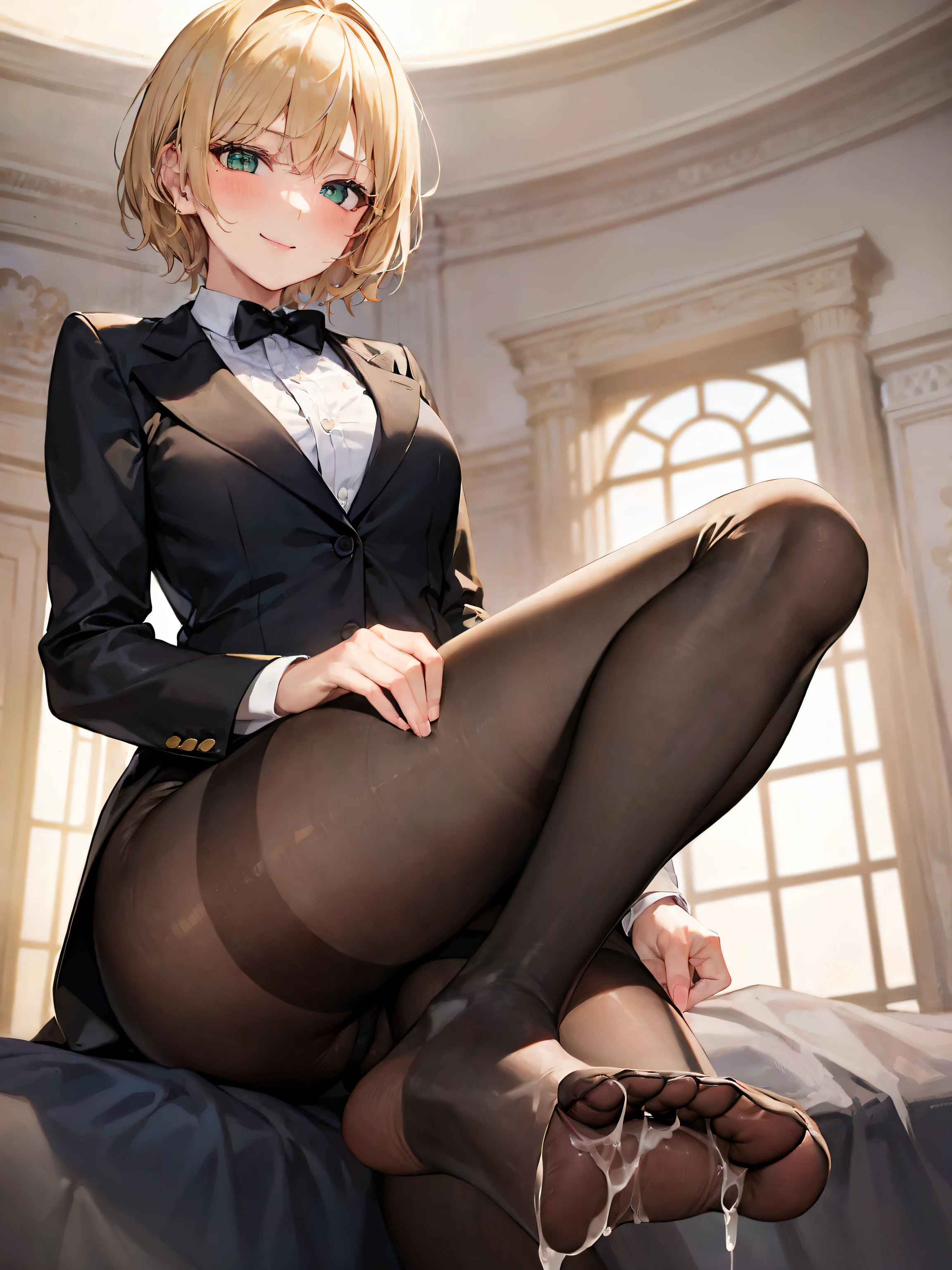 (masterpiece:1.2), 1 girl, blonde short hair, light green eyes, black suit, black pantyhose, 1 boy, penis, (footjob:1.2), NSFW, light smile, blush, cum on feet