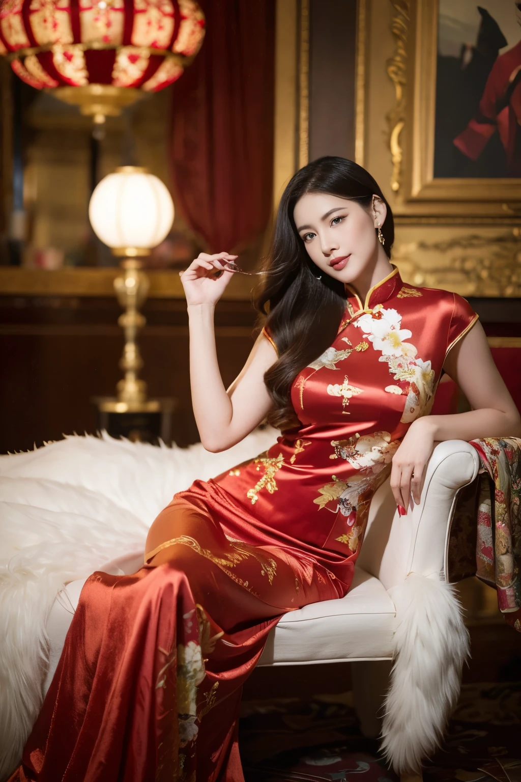 Red and gold tones、Vibrant colors、((​masterpiece)))、(((top-quality)))、((ultra-detailliert))、(A hyper-realistic)、(highly detailed CGillustration）、Official art、magic city shanghai、Decadent、Madame Papillon、matchless beauty、Fans、Gorgeous cheongsam、jewely、Perfect Angle、perfect-composition。full body asian, smile, upper body