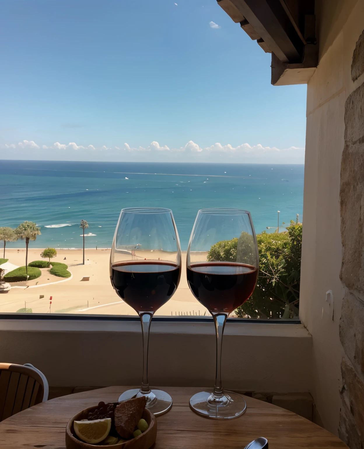 01 garrafa de vinho, two glasses and a view of the sea