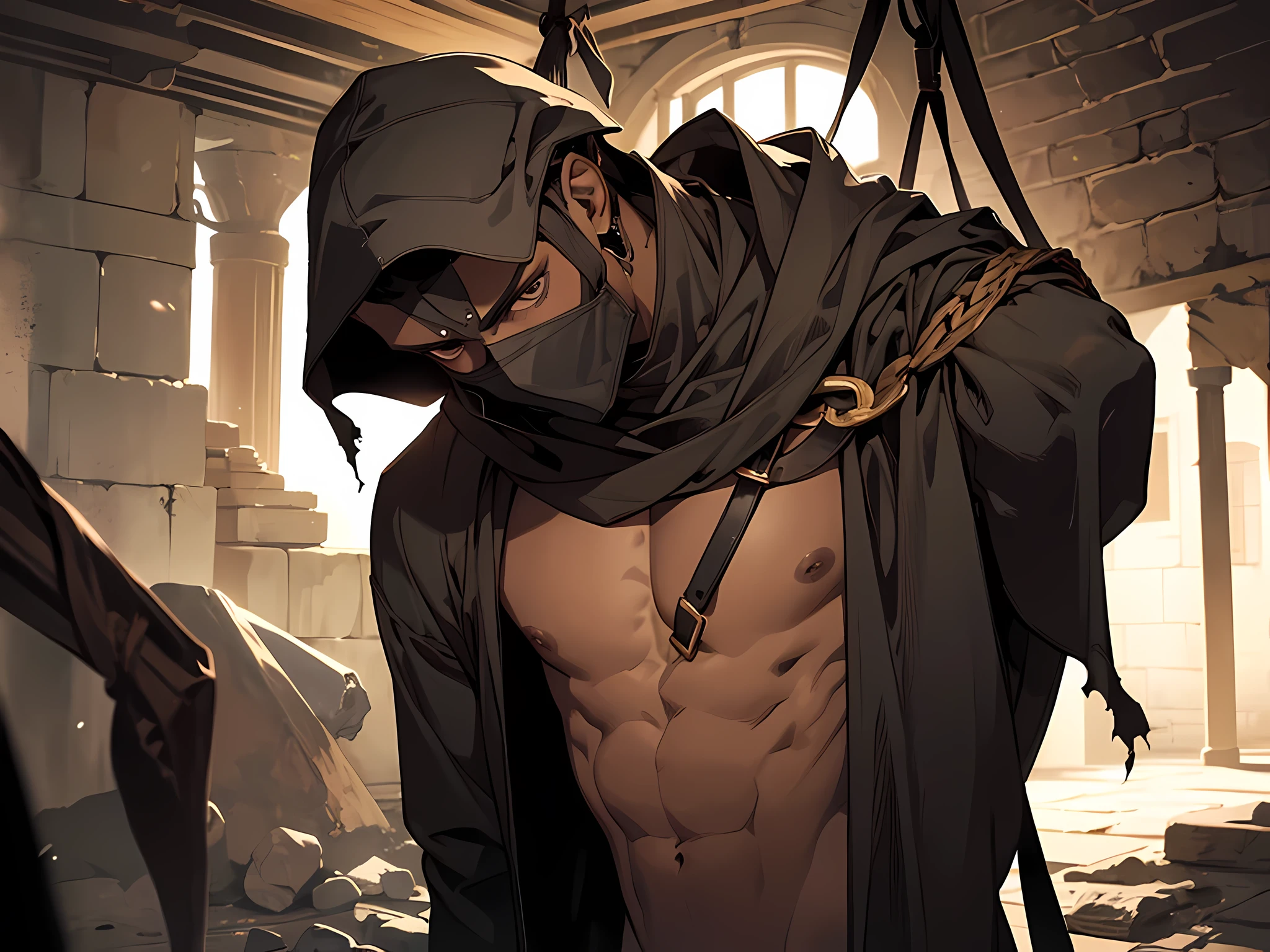 multiple thin young man, dark skin wearing mask, slavery, bare chest, this man is a slave, in a prison, dungeon, dark, medieval times, frustrated, torn clothes