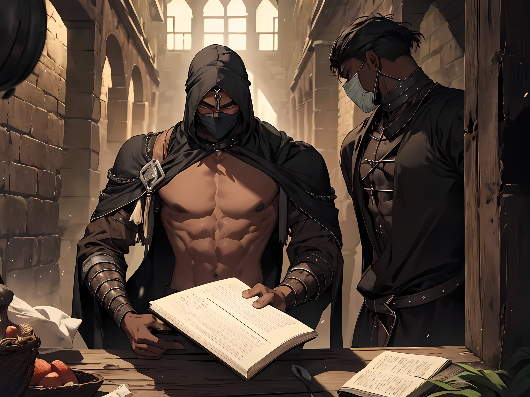 multiple thin young man, dark skin wearing mask, slavery, bare chest, this man is a slave, in a prison, dungeon, dark, medieval times, frustrated, torn clothes, eating