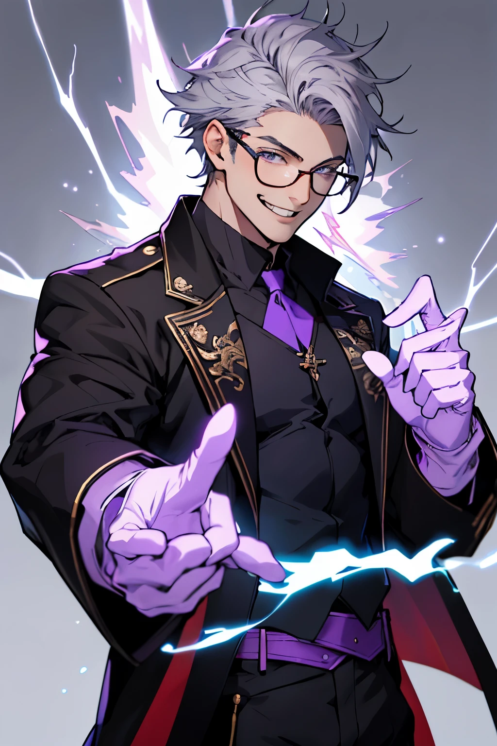 Beautiful young man with gray hair and glasses。Eyes are red。Black coat with classic design decorations、white gloves。Grinning, he holds out his right hand and manipulates purple lightning magic.。The background is a purple magic square。