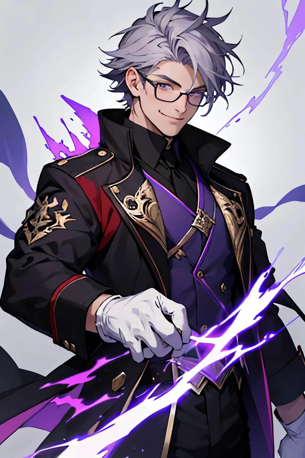 Beautiful young man with gray hair and glasses。Eyes are red。Black coat with classic design decorations、white gloves。Grinning, he holds out his right hand and manipulates purple lightning magic.。The background is a purple magic square。