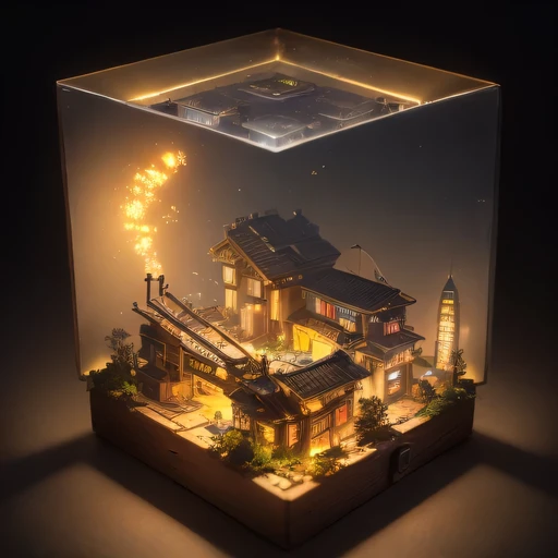 small realistic model, (bifurcation, original photo, best quality, masterpiece:1.4),Steampunk Cyberpunk 1820 City,(Cyberpunk light:1.3), Mards,horizon (related to land),(in a small nature box:1.3),Isometric, small nature, landscape on foundation,landscape,