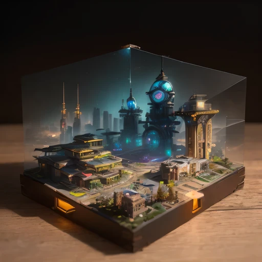 small realistic model, (bifurcation, original photo, best quality, masterpiece:1.4),Steampunk Cyberpunk 1820 City,(Cyberpunk light:1.3), Mards,horizon (related to land),(in a small nature box:1.3),Isometric, small nature, landscape on foundation,landscape,