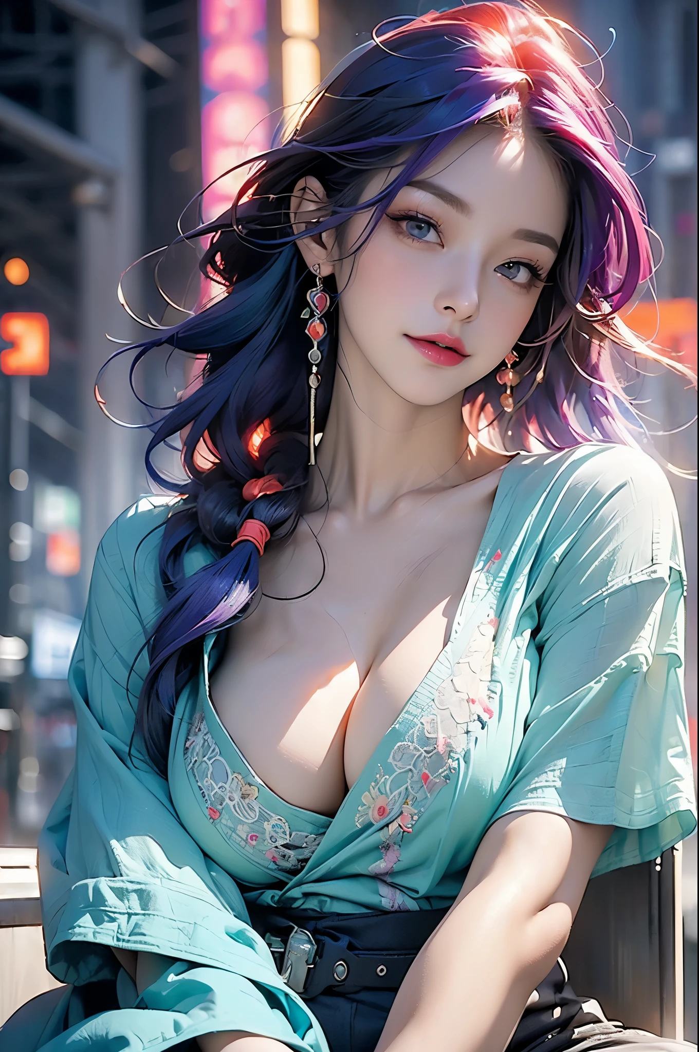 (masterpiece, best quality:1.3), Lucy, 1 girl, (colorful hair:1.4), Lucy (cyberpunk), cyberpunk,( bare shoulders:0.8), (Smile:0.6), looking at the audience, focus only, Bangs, red lips, , red eyeliner, elder sister, Colorful head profile:0.6),Naked trench (huge breasts:1.2),wet skin((rogue))Cool atmosphere,shiny skin