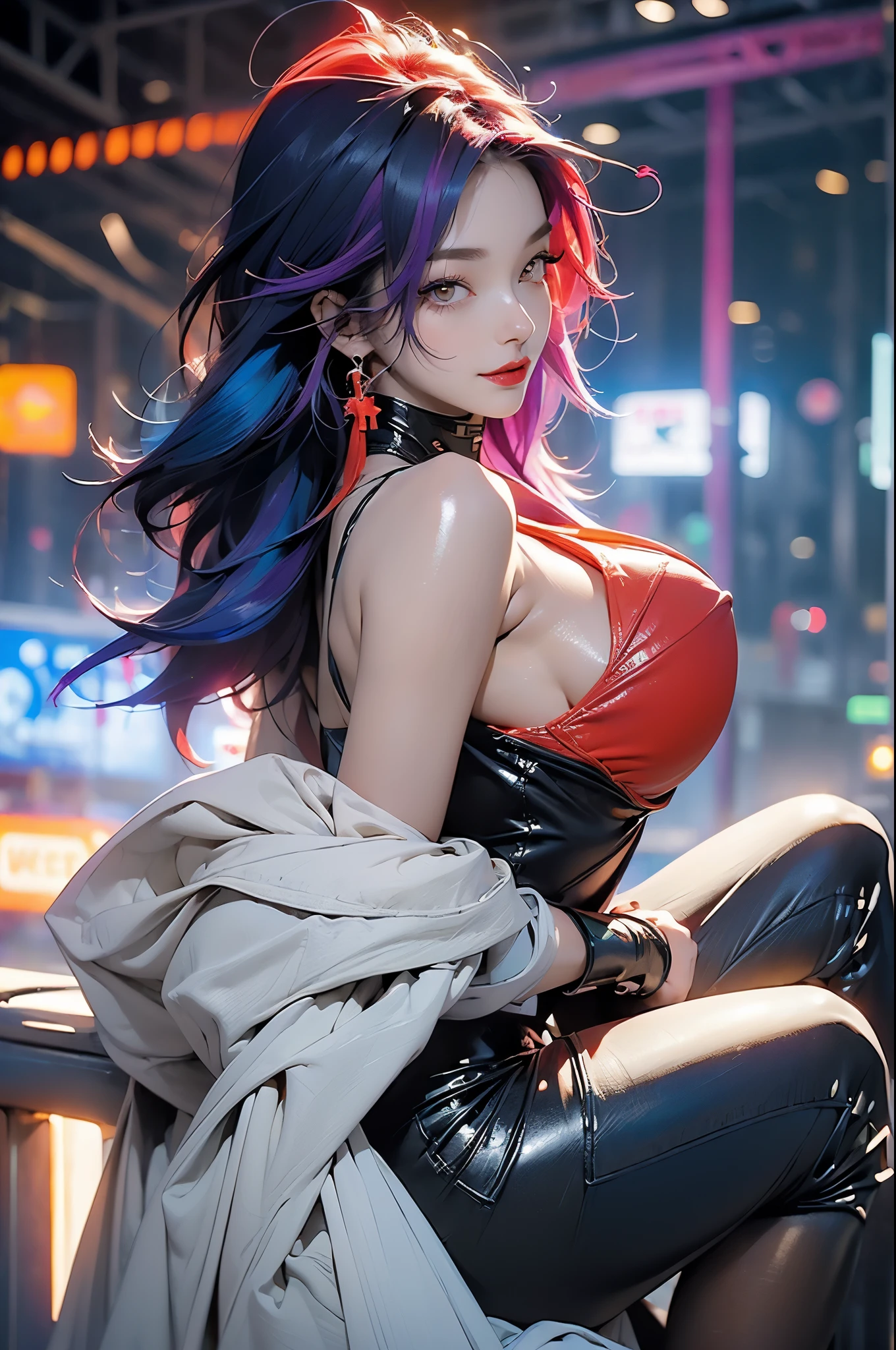 (masterpiece, best quality:1.3), Lucy, 1 girl, (colorful hair:1.4), Lucy (cyberpunk), cyberpunk,( bare shoulders:0.8), (Smile:0.6), looking at the audience, focus only, Bangs, red lips, , red eyeliner, elder sister, Colorful head profile:0.6),Naked trench (huge breasts:1.2),wet skin((rogue))Cool atmosphere,shiny skin