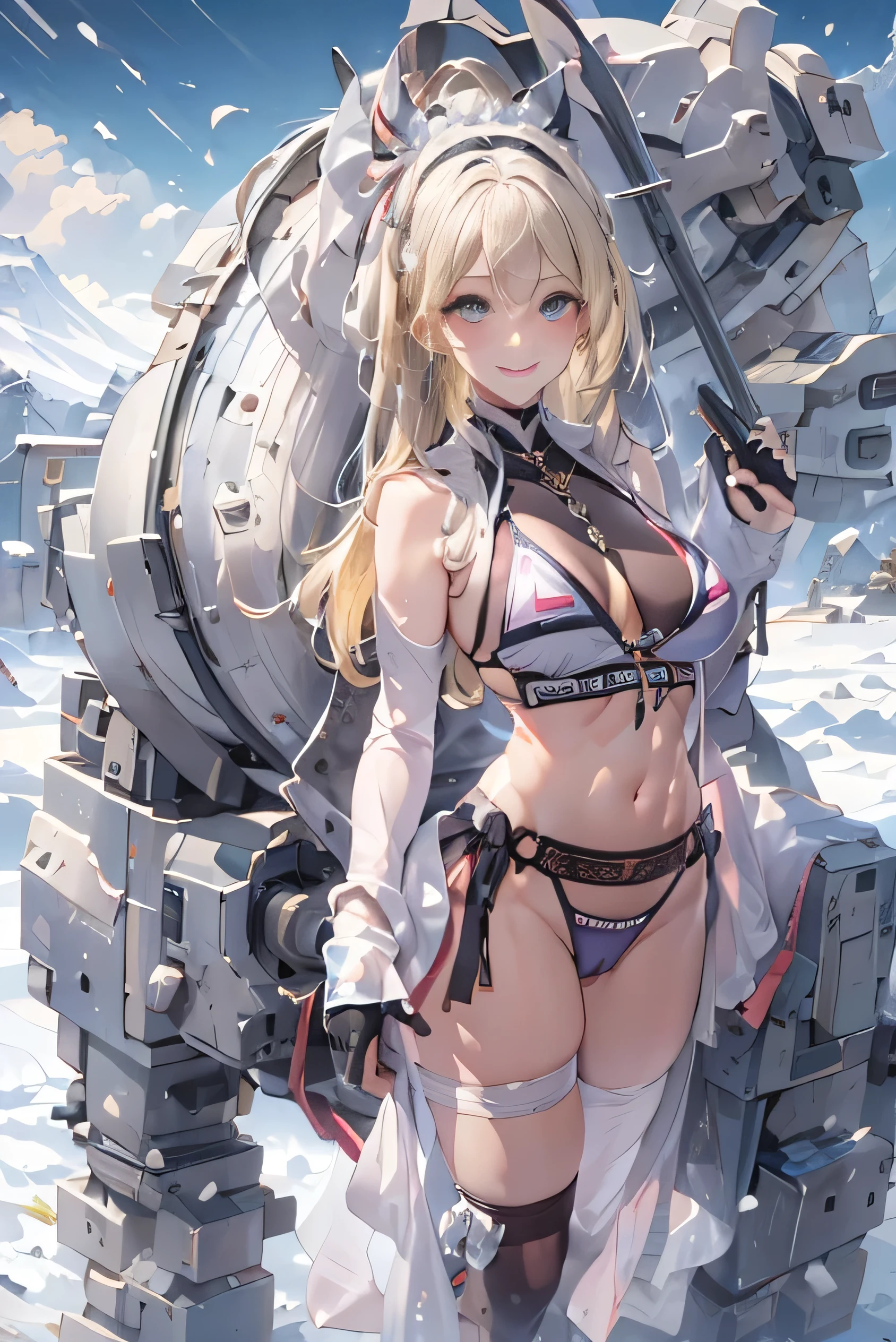 (photorealistic:1.5, highest quality,masterpiece,High resolution,muste piece),(sony a7, 35mm lens, f1.8, film gain),snow mountainに立つ1人の23歳の女性,cyber punk,bondage,(metallic string bikini swimsuit:1.5,Down jacket:1.3,choker), beautiful skin, (looking at the camera:1.2),(Photo seen from below:1.3),(Medium Hair:1.2,bright blonde:1.5), expression( Impish Smile:1.3,blushing:1.3),Pause( Seductive pose:1.5),background(snow mountain:1.5,ruins,apocalyptic world),(Medium chest,slender, abs:1.2), (Underwear visible through clothing),(Butt visible through clothes),(detailed perfect face:1.9),normal hands:1.5,normal finger:1:5,normal feet:1.5,(cameltoe)