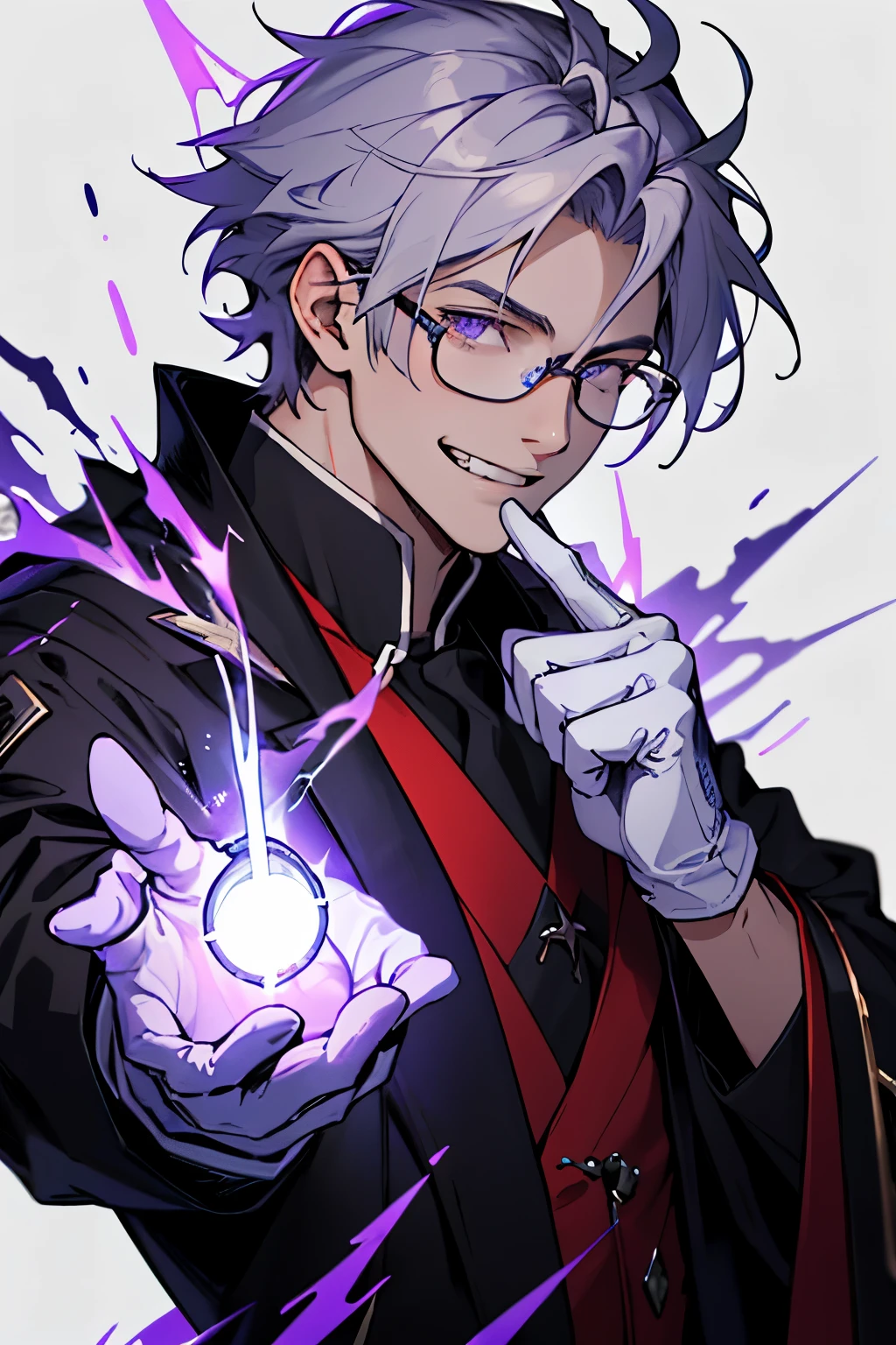 Beautiful young man with gray hair and glasses。Eyes are red。Black coat with classic design decorations、white gloves。Grinning, he holds out his right hand and manipulates purple lightning magic.。The background is a purple magic square。