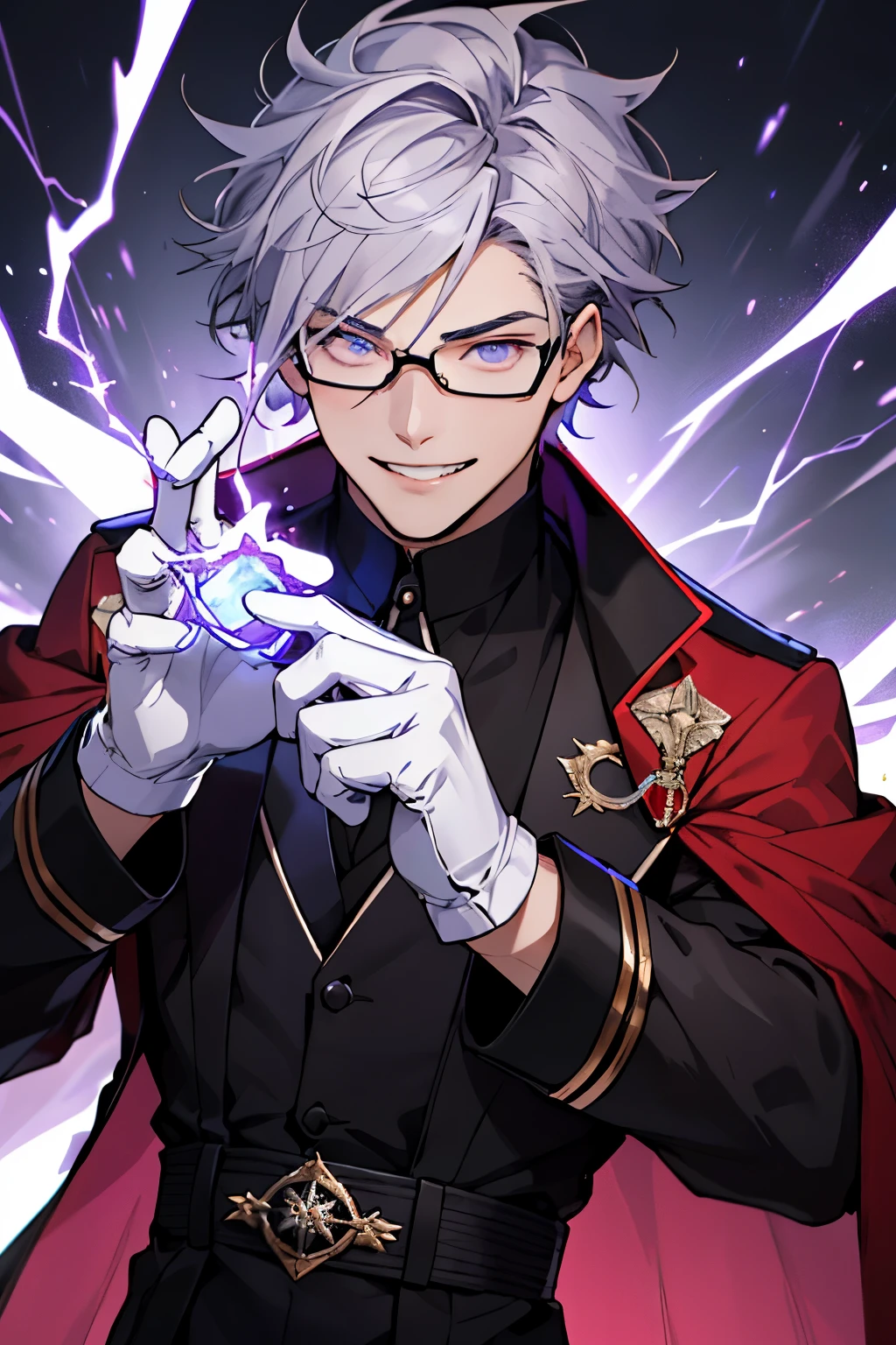 Beautiful young man with gray hair and glasses。Eyes are red。Black coat with classic design decorations、white gloves。Grinning, he holds out his right hand and manipulates purple lightning magic.。The background is a purple magic square。
