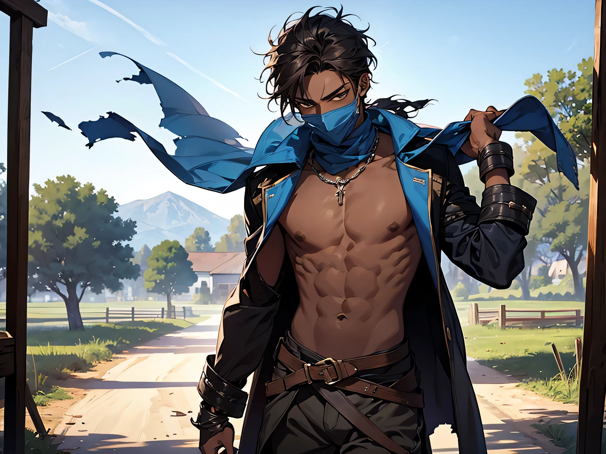 multiple thin young man, dark skin wearing mask, slavery, bare chest, this man is a slave, in a countryside, blue sky, medieval times, torn clothes
