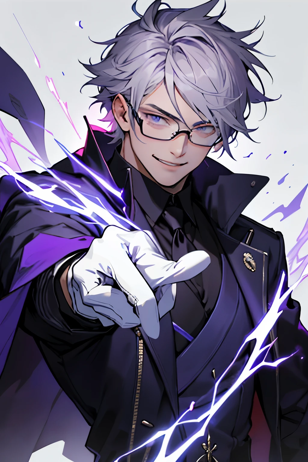 Beautiful young man with gray hair and glasses。Eyes are red。Black coat with classic design decorations、white gloves。Grinning, he holds out his right hand and manipulates purple lightning magic.。The background is a purple magic square。