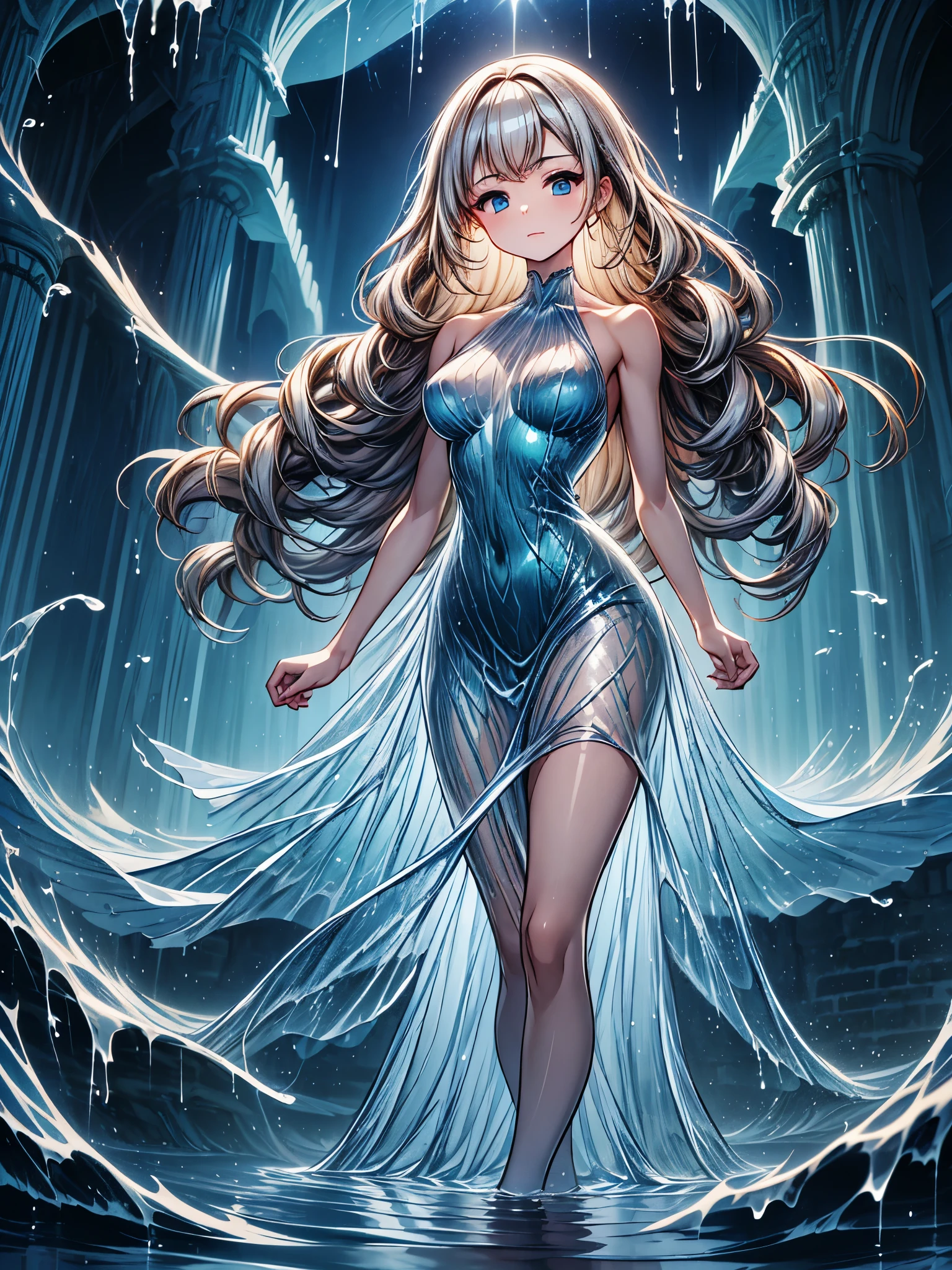 (masterpiece, best quality), ((1girl, solo, long hair)),goddess of water, innocence expression, bare arms, bare shoulders, bare neck, sundress, liquid clothes, water, waves, water dress, blue_theme, night, mist, dark, sharp focus, sea, see-through dress