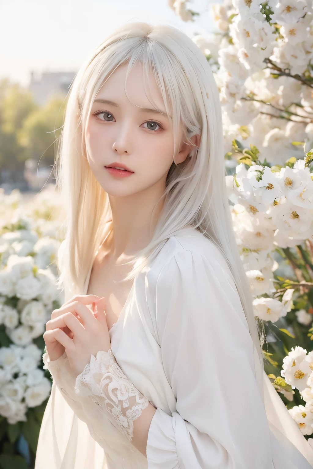 white hair, beautiful detailed eyes, flowing white locks, ethereal beauty, soft and gentle expression, pale skin, delicate features, intricate braids, elegant headdress, ethereal lighting, fairy-like aura, dreamy atmosphere, magical surroundings, mystical forest, glowing flowers, delicate petals, graceful movements, enchanting smile, ethereal white gown, floating in mid-air, wisps of white fog, celestial background, serene and otherworldly, soft color palette, ethereal tones, ethereal light and shadows, intricate lace patterns, fine details, high-resolution masterpiece.