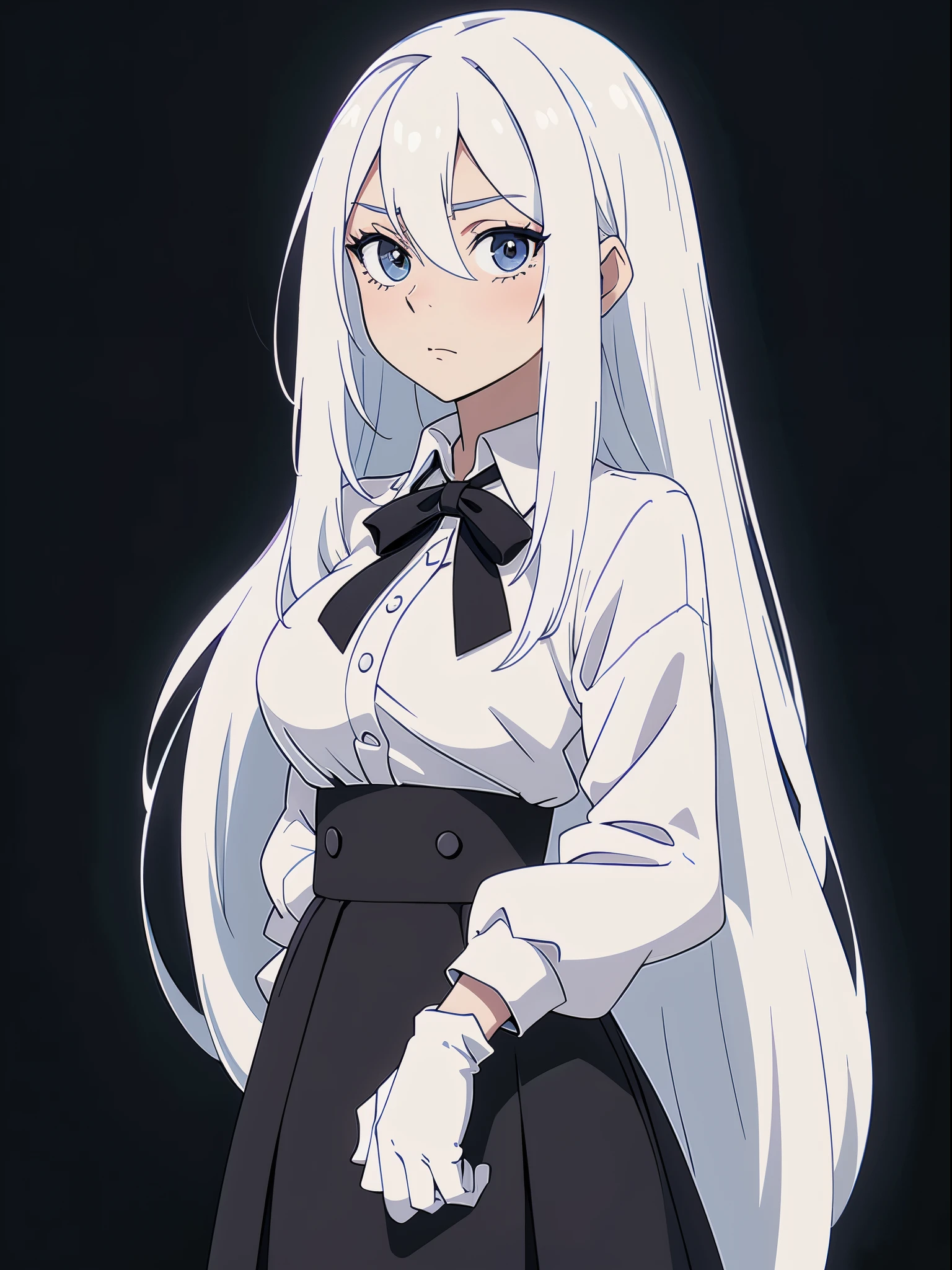 ((White hair)),((Head and Shoulders Image)),(super-long hair),Sexy,A person,Alone,Simple style,pancake ,Simple details,Black background,Empty background,Black background wall,(20 year old woman),(White Gloves),Puffy skirt,(Lace Shirt),Lace,((Shy))