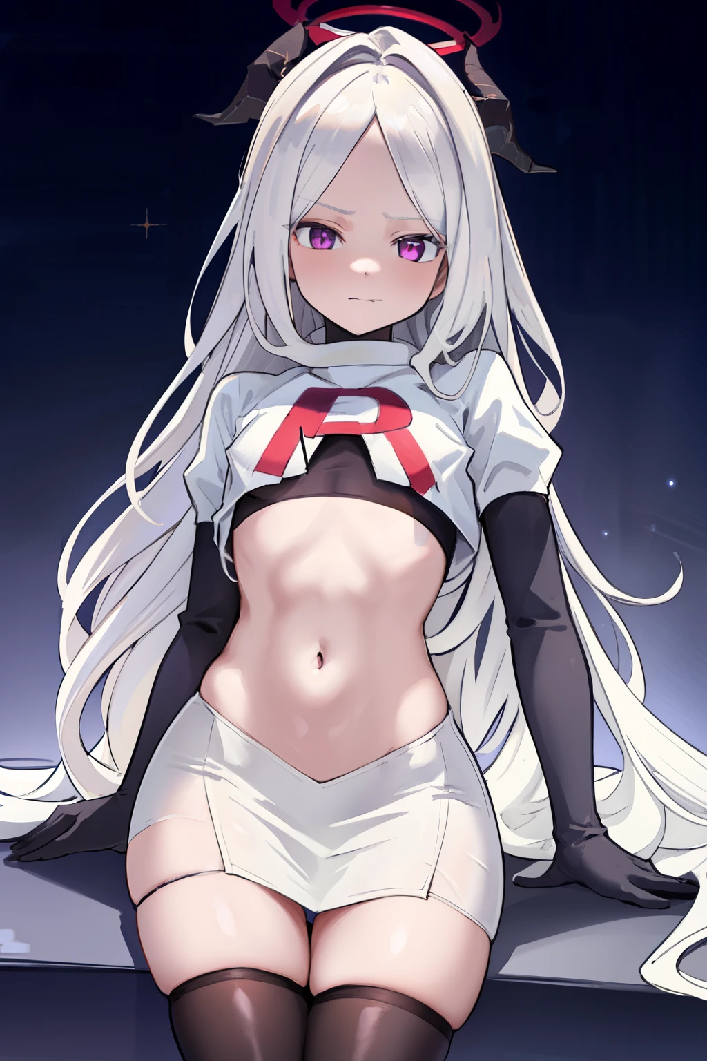 masterpiece, (highres:1.2), (ultra-detailed:1.3), (oil painting:0.8), (extremely detailed CG unity 8k wallpaper:1.1),
solo, 1girl, looking at viewer, light particles,
solo,
blue archive, highres, hina (blue archive), long hair, looking at viewer, multiple horns, purple eyes,
small breasts, very long hair, halo, white hair, team rocket,team rocket uniform, red letter R, white skirt,white crop top,black thigh-highs ,black elbow gloves