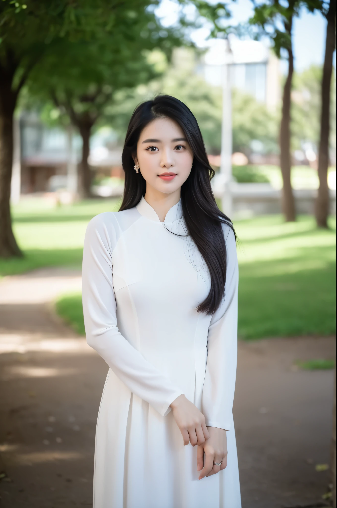 (Masterpiece, best quality, ultra realistic,32k, RAW photo, detail skin, 8k uhd, dslr, high quality, film grain:1.5),1girl, white ao dai, pants,  long hair, looking at viewer, smile, black hair, long sleeves, dress, jewelry, standing, flower, earrings, outdoors, white dress, blurry, black eyes, blurry background, realistic, 16mm film live soft color