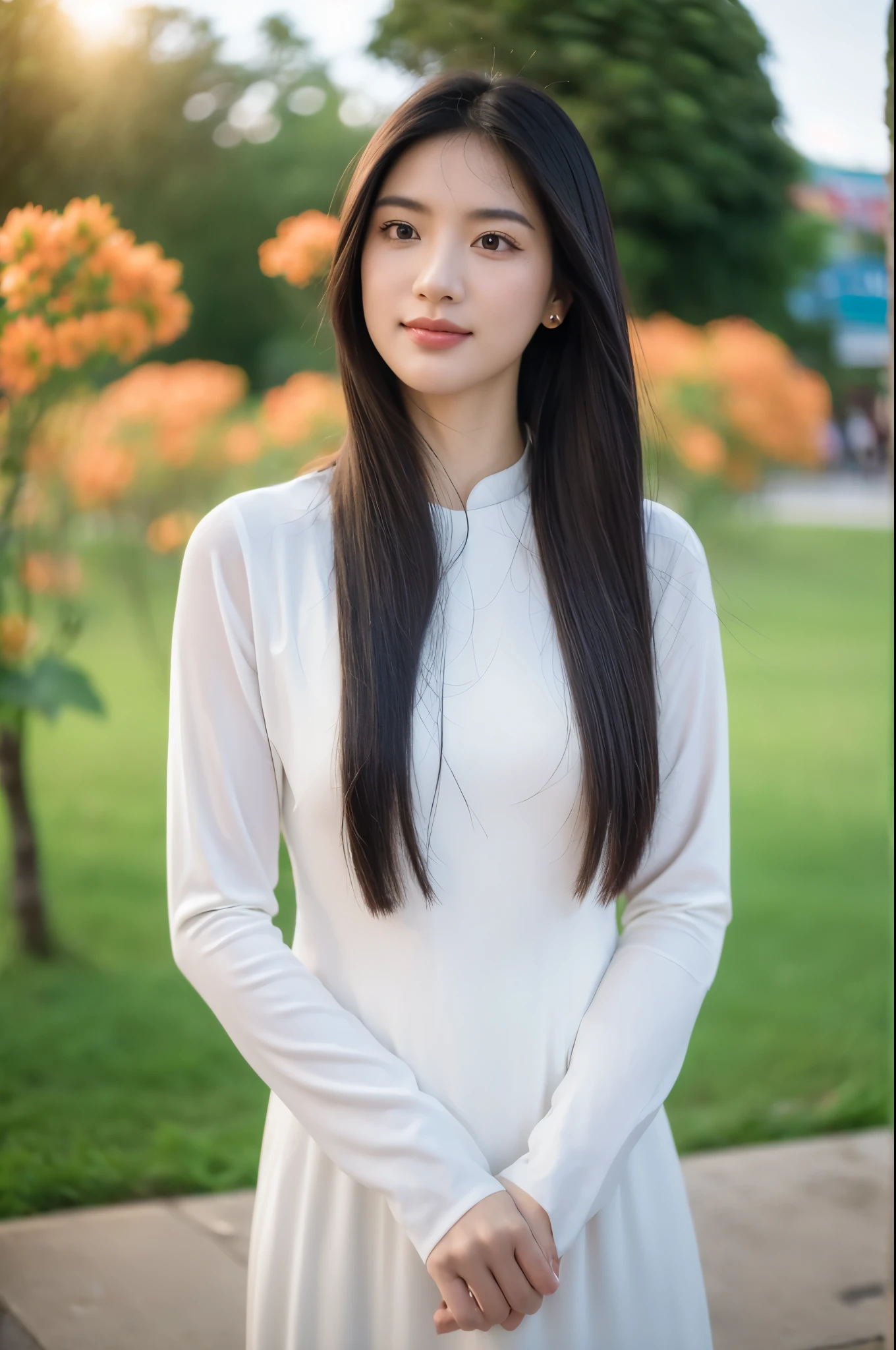 (Masterpiece, best quality, ultra realistic,32k, RAW photo, detail skin, 8k uhd, dslr, high quality, film grain:1.5),1girl, white ao dai, pants,  long hair, looking at viewer, smile, black hair, long sleeves, dress, jewelry, standing, flower, earrings, outdoors, white dress, blurry, black eyes, blurry background, realistic, 16mm film live soft color