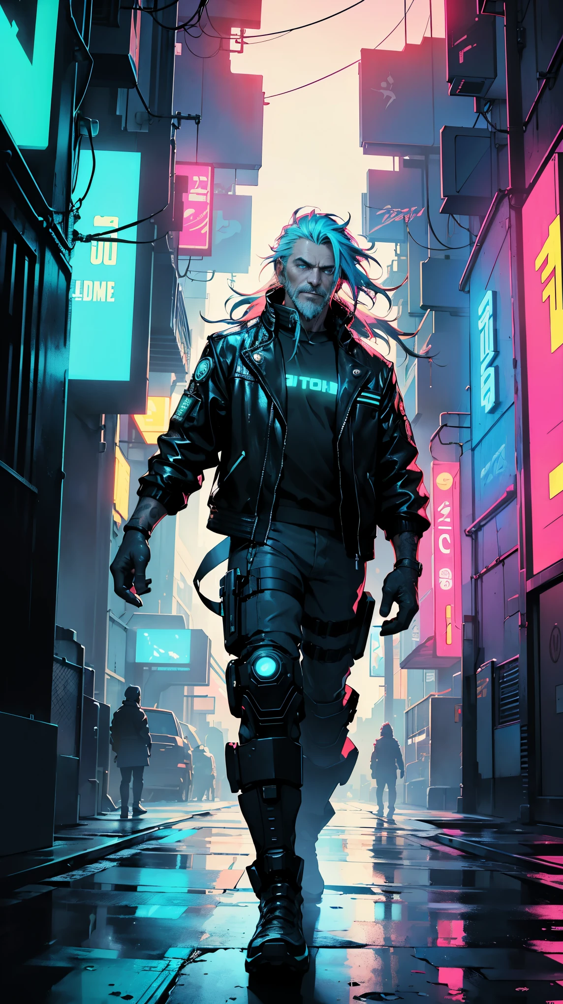 ((40 years old)), Meditech cyberpunk old man with long hairs, bright colored eyes, neon leather jacket, rugged, scifi futuristic city, high quality image, cinematic lights, anime style, high contrast