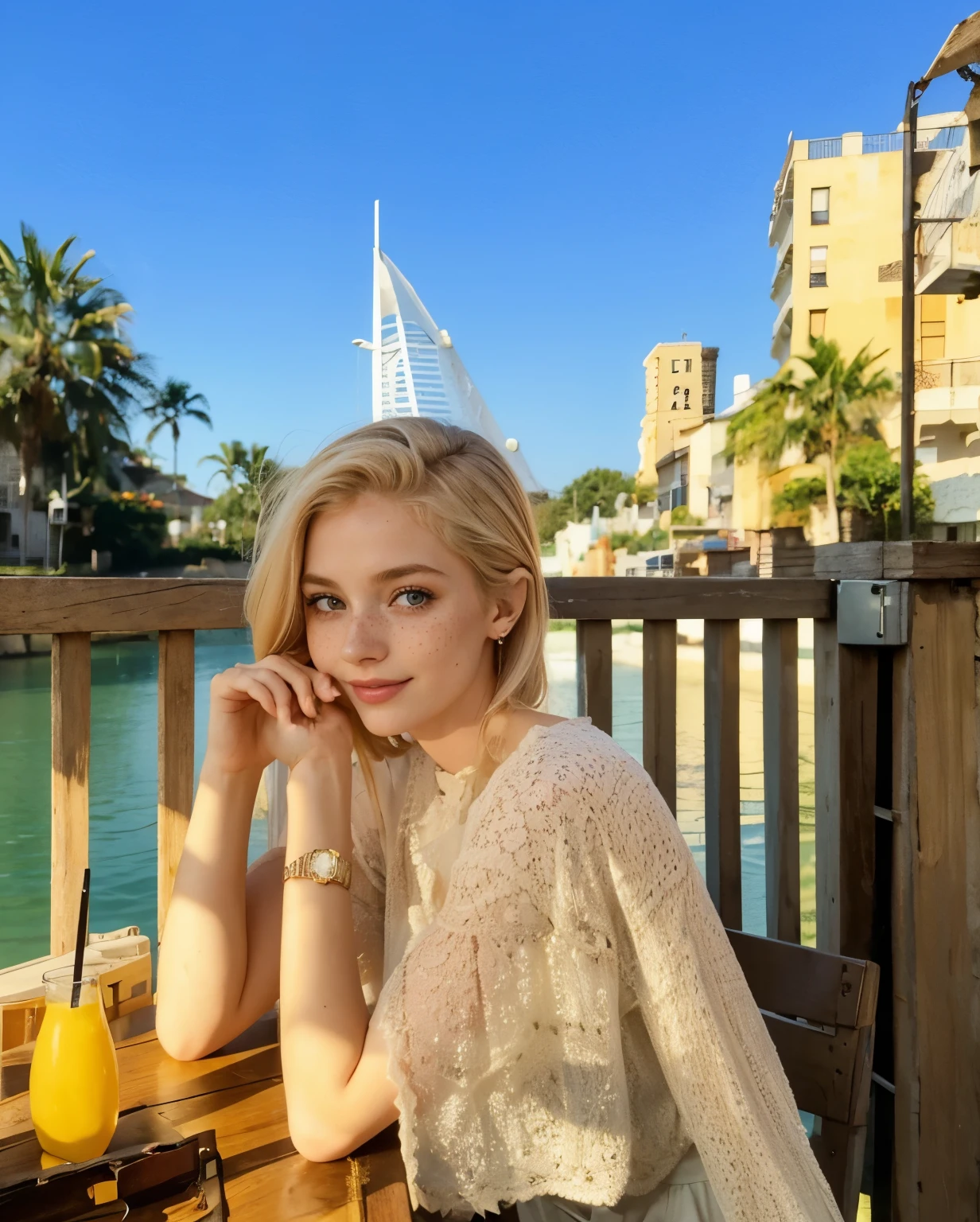mulher, americana, 25 anos, pale skin and freckles, olhos cinzas, nariz delicado, soft and delicate lips, Cabelo blondie cinza longo e ondulados, sorriso meigo