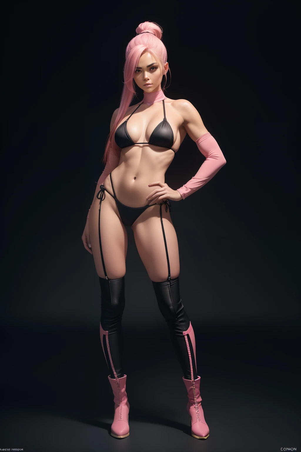 jury, o personagem de Street Fighter, wearing her iconic classic look. she is standing. (She's dressed in a tight combat suit, corpo todo, cabelo liso preto e rosa, Black Micro Rope Bikini, Botas longas pretas e rosas : 1.2)Ciberpunk, highlighting your beautiful body and showing your physical strength.((corpo todo) ) vista frontal, His face is extremely beautiful, with delicate and expressive features. The image was captured in incredible 8K using the Canon EOS R6, vista frontal, resulting in maximum quality and sharp details, in corpo todo standing. Every aspect of the image is a true masterpiece, highlighting the dedication to detail and artistry behind this cinematic depiction of jury.