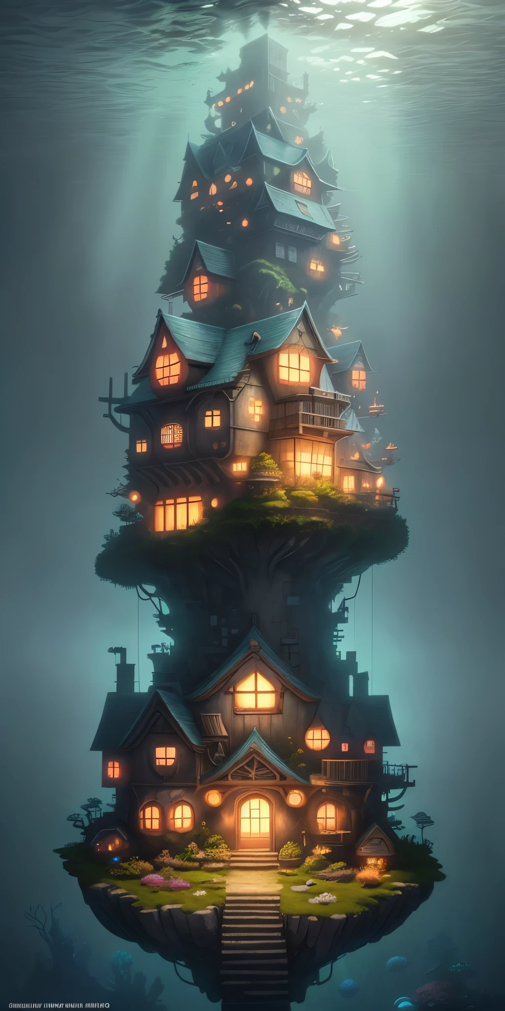 Color (Fantasy: 1.2), (Hayao Miyazaki style), (irregular building floating under the sea), patchwork cottages, Moss decorations, coral, lights, concept art inspired by Andreas Rocha, Artstation contest winner, Fantasy art, (underwater city), ross tran, light shafts, realistic lighting, masterpiece, high quality, beautiful graphics, high detail, masterpiece, high quality, beautiful graphics, high detail, --v6