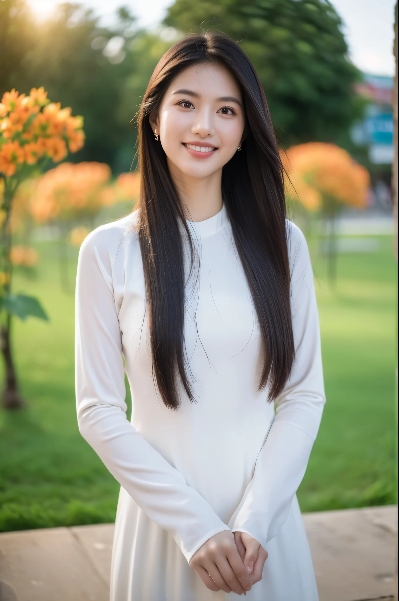 (Masterpiece, best quality, ultra realistic,32k, RAW photo, detail skin, 8k uhd, dslr, high quality, film grain:1.5),1girl, white ao dai, pants, long hair, looking at viewer, smile, black hair, long sleeves, dress, jewelry, standing, flower, earrings, outdoors, white dress, blurry, black eyes, blurry background, realistic, 16mm film live soft color, smile