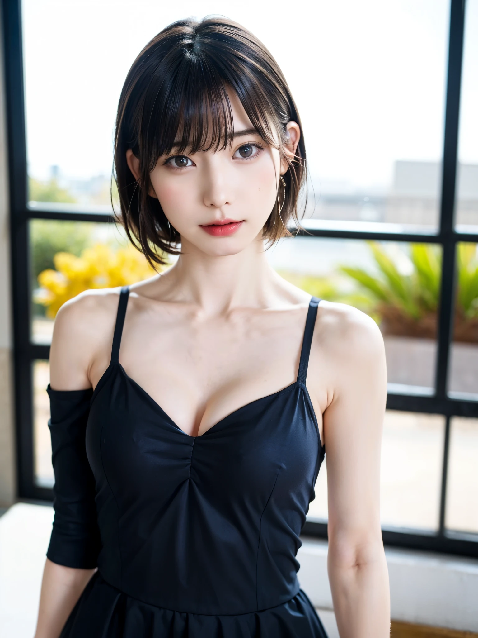 (table top, highest quality、high detail:1.4、very attractive beauty、Adds intense highlights to the eyes、look closely at the camera:1.4、Beautiful woman full of charm、ideal body proportions、perfect anatomy、brunette short bob hair、shiny hair、bangs:2、光沢のあるbangs:2、lip gloss),1 girl, Report, light brown shiny hair, scarf,realistic, looking at the viewer、Please tilt your head slightly, bright colored crystal light blue eyes, short and shiny hair、 chest中央に穴の開いた白いタートルネックの衣装,chestの真ん中に丸い穴のあるセクシーな白いタートルネック ニット セーター、 lips, lip gloss, Upper body、Big eyes、eyelash、face is a little red、embarrassing)、((italian road in winter))、((short hair with Big eyess、Give students very powerful highlights、{Huge|big|Hugeな|mega} chest:2、very bigger chest:2、look at the audience、very beautiful beauty、show me your ears、long neck、smile a little、beautiful teeth、open your mouth and smile、heart shaped eyes))、28 years old、very cute super model、portrait:2、close your face:2