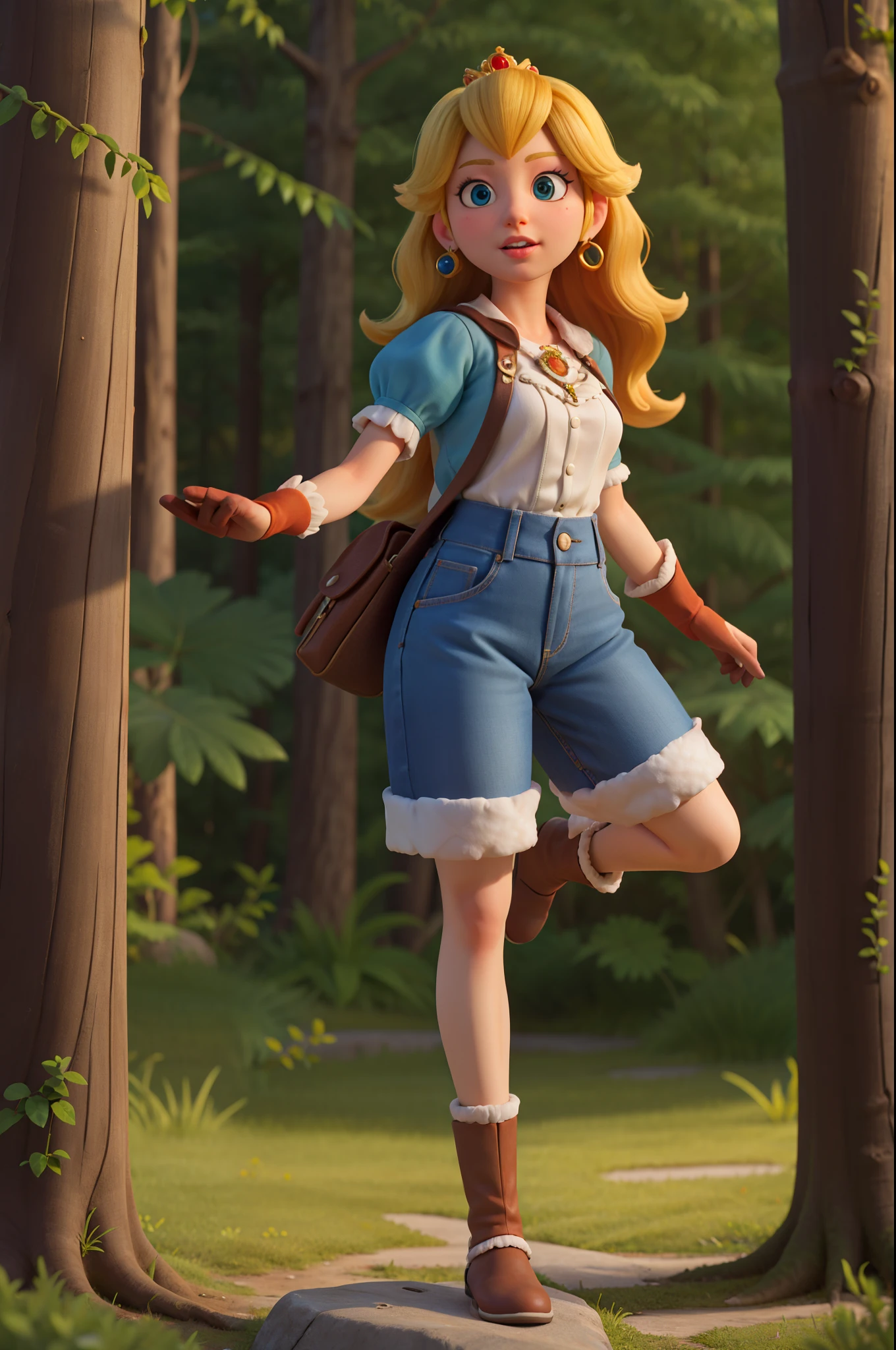 princess peach,Disney graphics and high-quality textures,realistic textured skin,view full body,forest,clothing native american indian
