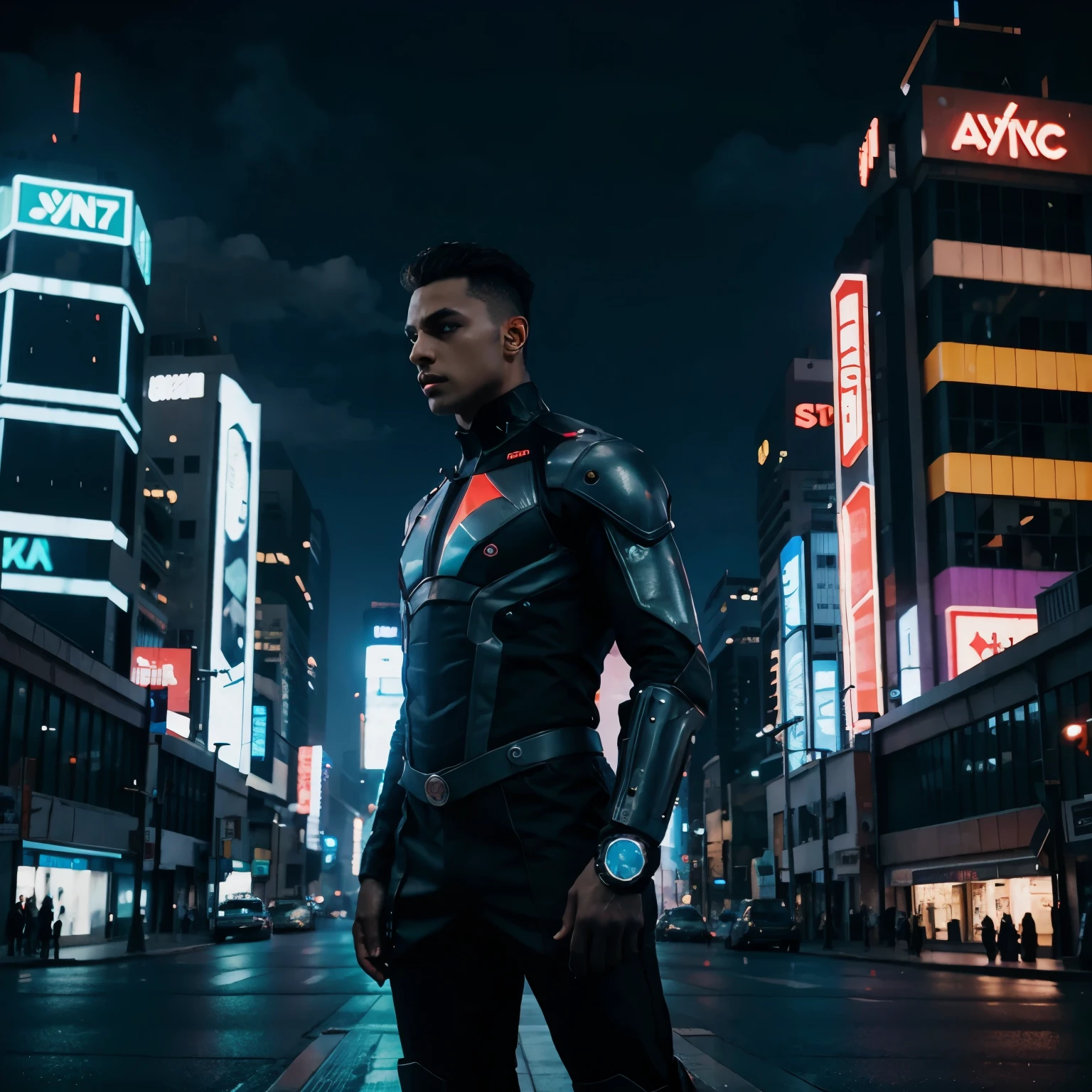 futuristic man with futuristic gear, futuristic neon city background, hyper realistic style