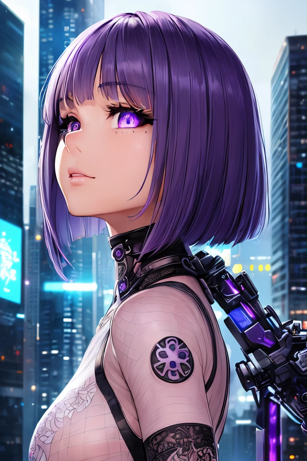 Highly detailed, ultra detailed, best quality, highest quality, hyper detailed, highly detailed background, photorealistic, masterpiece, detailed CGI 32k:1.3, detailed realistic skin, stunning and gorgeous, (holographic Girl), (against the backdrop of a cyberpunk city:1.2), (transparent body:1.3), small breasts, (dim lighting:1.2), (detailed hair:1.3), (bob haircut:1.2), (blue hair:1.3), (centered), (highly detailed:1.4), (purple eyes:1.3), (detailed face and eyes:1.4).