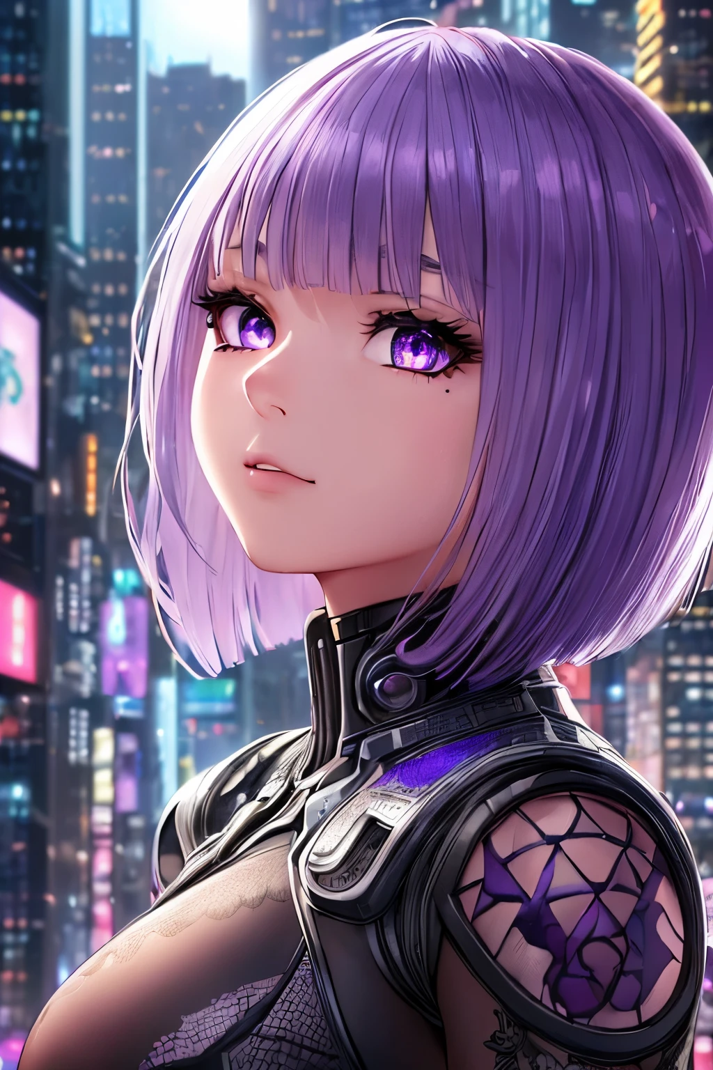 Highly detailed, ultra detailed, best quality, highest quality, hyper detailed, highly detailed background, photorealistic, masterpiece, detailed CGI 32k:1.3, detailed realistic skin, stunning and gorgeous, (holographic Girl), (against the backdrop of a cyberpunk city:1.2), (transparent body:1.3), small breasts, (dim lighting:1.2), (detailed hair:1.3), (bob haircut:1.2), (blue hair:1.3), (centered), (highly detailed:1.4), (purple eyes:1.3), (detailed face and eyes:1.4).