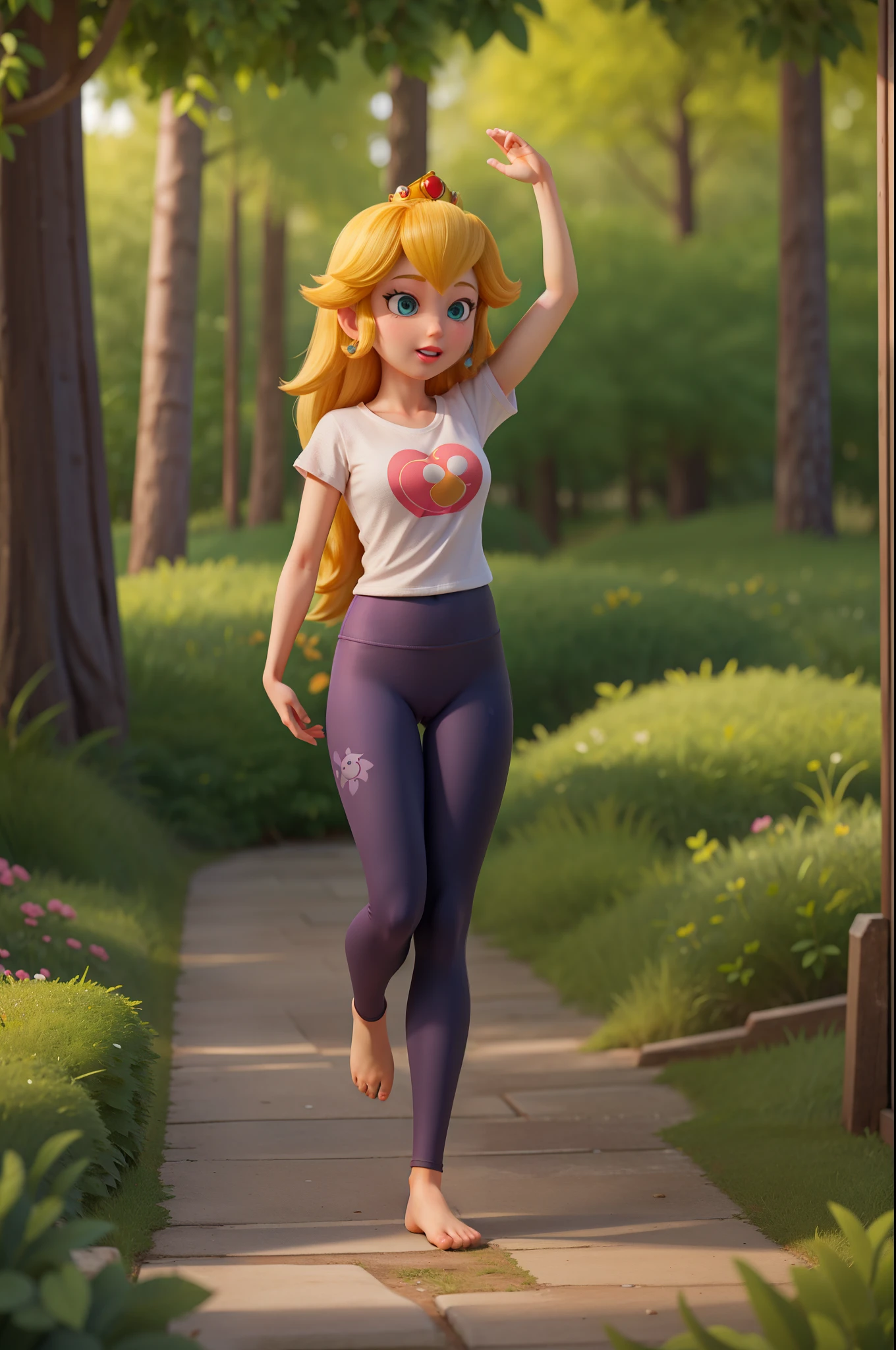 princess peach,Disney graphics and high-quality textures,realistic textured skin,view full body,forest,leggings yoga,t shirt,on ground view crotch