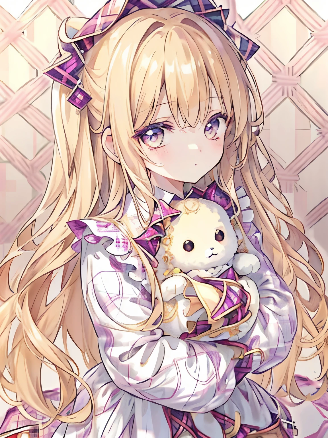 girl,light golden hair,long hair with curls,BREAK//(double sleeve long sleeve),((clothes with lots of frills)),(Shiny cute loafer shoes),((BREAK//)),((plaid patterned background:1.6)),close up of face,(holding a stuffed rabbit)