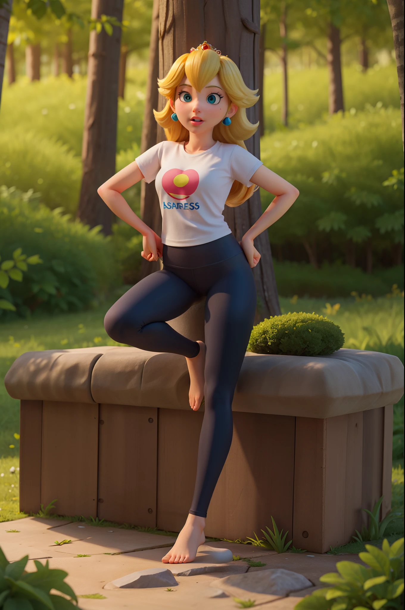 princess peach,Disney graphics and high-quality textures,realistic textured skin,view full body,forest,leggings yoga,t shirt,sitting on the floor view crotch