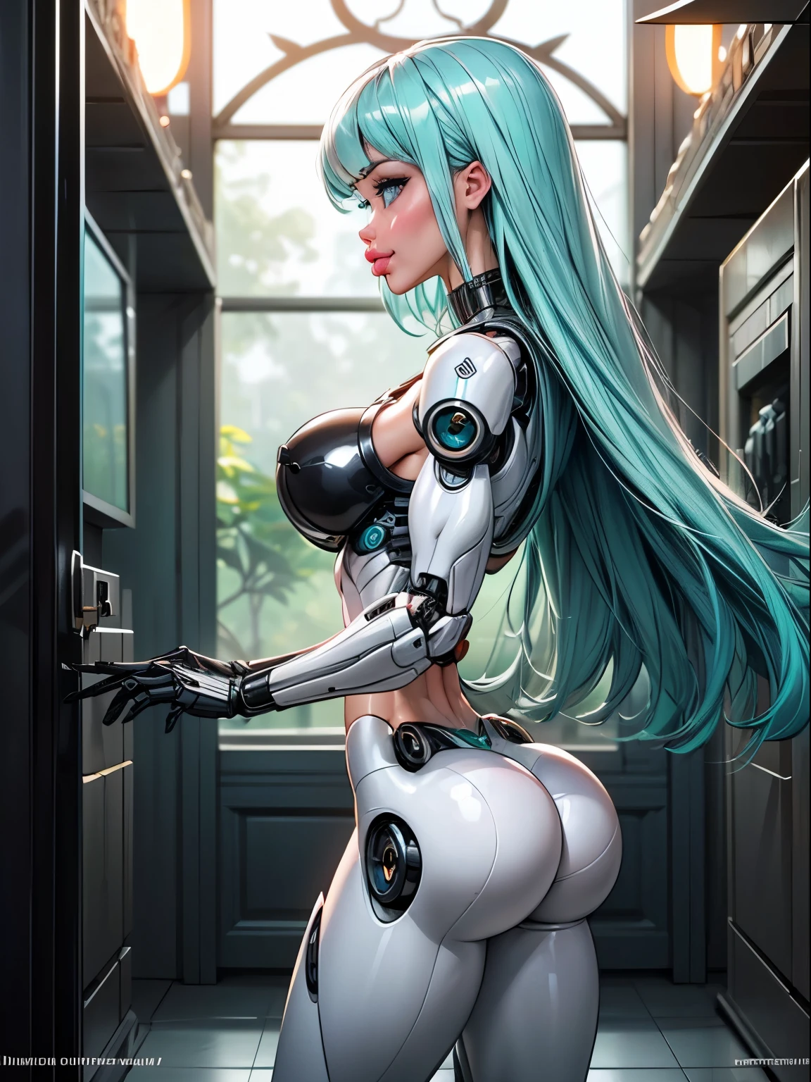 ((front profile:1.3)), turning head looking to viewer, ((light aqua hair:1.4)), There is a woman in a robot suit ((posing next to an futuristic Roman building)), ((long side burns)), ((long hair bangs)), Beautiful white girl half cyborg, ((gray ass:1.3)), Cute cyborg girl, Beautiful girl cyborg, (aletta ocean face), (puffy lips), Perfect Robot Girl, Cyborg girl, (ass air bags), intricate details on ass, Young cyborg lady, Beautiful Female Robot, ((metal abs:1.4)), intricate holes on ass, Beautiful robot woman, cyborg girl, perfect cyborg female, ((porcelain cyborg)), Female robot, Beautiful cyborg images, (cinematic lighting)