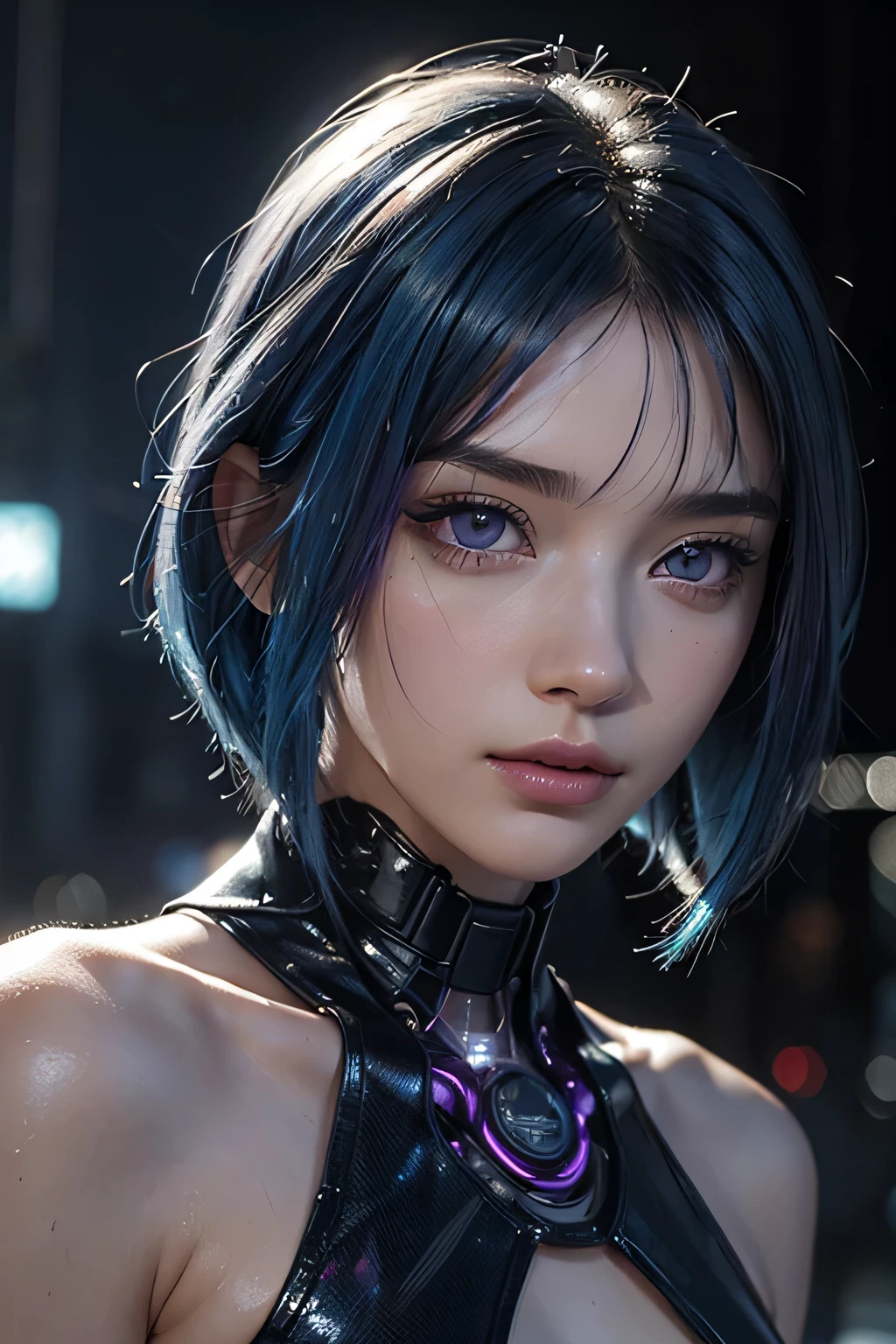 Highly detailed, ultra detailed, best quality, highest quality, hyper detailed, highly detailed background, photorealistic, masterpiece, detailed CGI 32k:1.3, detailed realistic skin, stunning and gorgeous, (holographic Girl), (against the backdrop of a cyberpunk city:1.2), (transparent body:1.3), small breasts, (dim lighting:1.2), (detailed hair:1.3), (bob haircut:1.2), (blue hair:1.3), (centered), (highly detailed:1.4), (purple eyes:1.3), (detailed face and eyes:1.4).